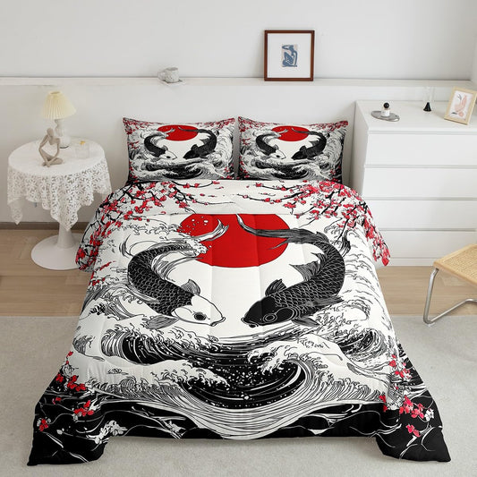 Feelyou Ocean Wave Fish Bedding Set for Kids Boys Girls Queen Size Cherry Blossoms Comforter Set Ultra Soft Exotic Comforter Japanese Ukiyoe Theme Duvet Quilt Bedroom Decor Sunset Quilt