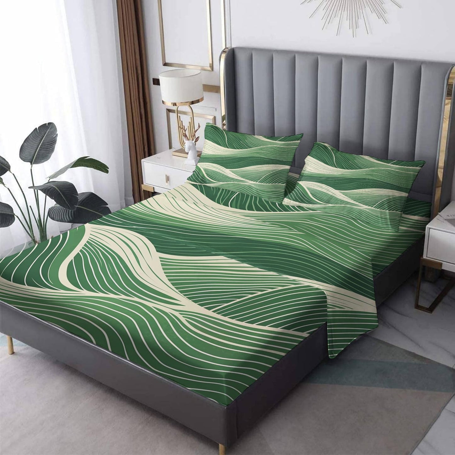 Abstract Wave Sheets Full Size, Modern Art Bed Sheets, Patterned Bedding Sheets & Pillowcases 4 Piece Set - Soft Microfiber Deep Pocket Fitted Sheet & Flat Sheet & 2 Pillow Cases M&-A418