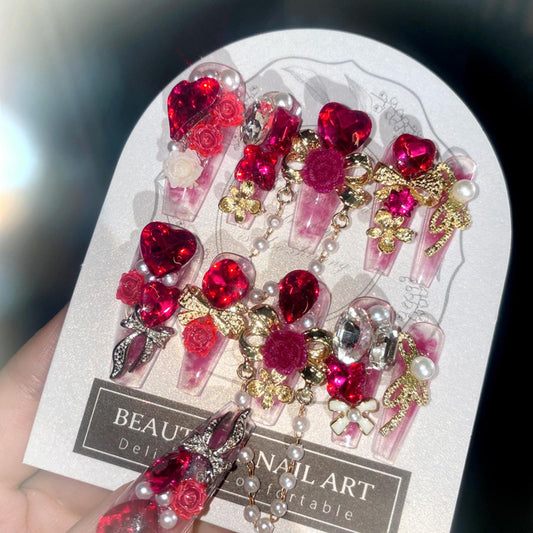 SINHOT Luxury Press on Nails - Long Coffin Fake Nails 3D Handmade Cute Pink Reusable False Nails with Rhinestone Designs,DIY Artificial Nail Art, 24pcs