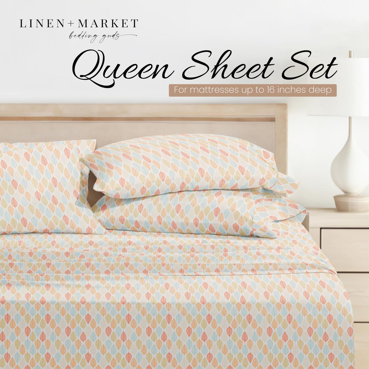 Linen Market Patterned Microfiber Queen Sheet Set 4 Piece – Oeko-TEX Certified Ultra Soft & Wrinkle-Free - 16" Deep Pocket Sheets - Easy Care Queen Size - Fall Foliage Yellow