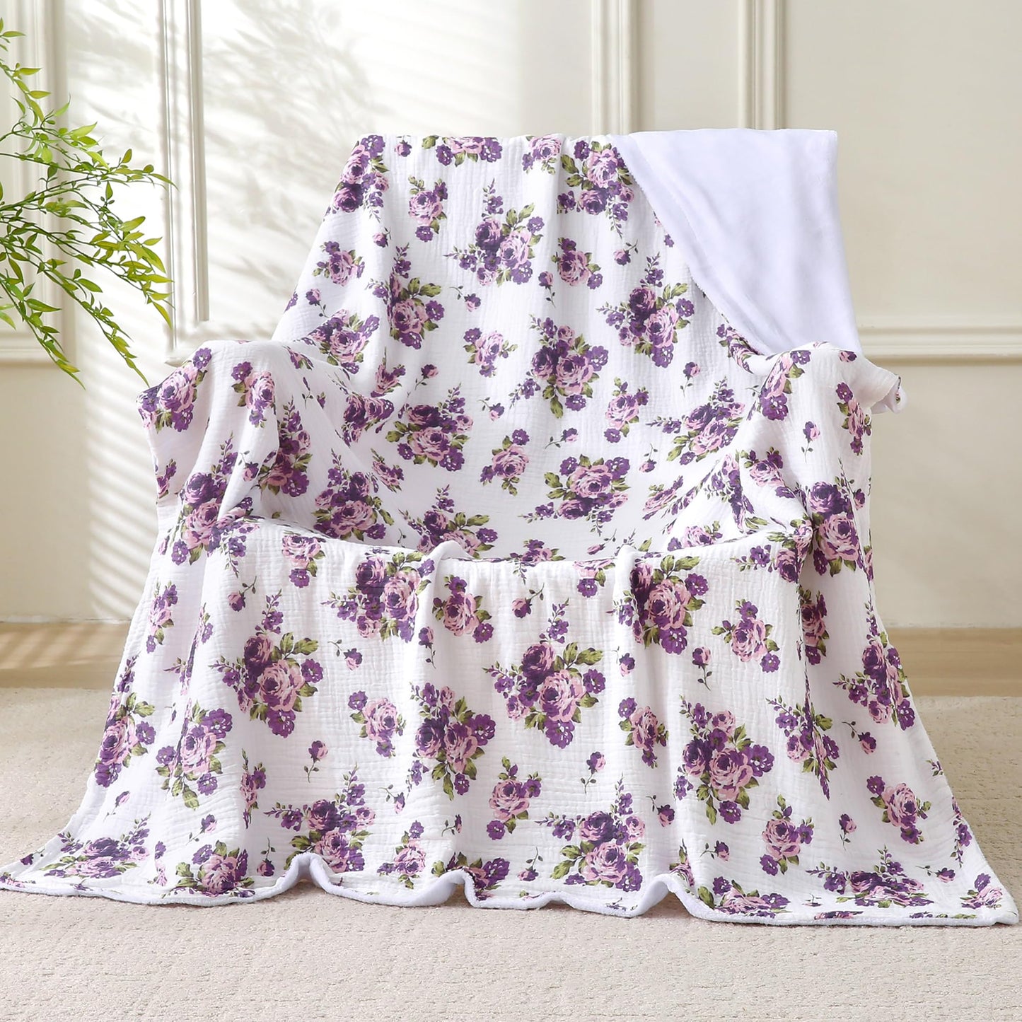 Muslin Blankets for Adults Reversible Throw Fleece & Gauze, Soft Cozy Lightweight Breathable Floral Blanket for Bed Couch, Double Layer Muslin Purple Rose Throw Cover 90"x90"