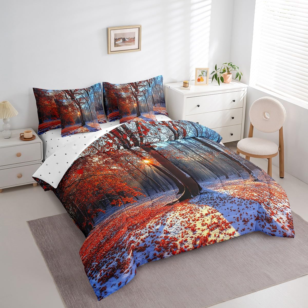 jejeloiu Maple Comforter Set 7 Pieces Full Size Kids Maple Tree Winter Bed in a Bag for Boys Girls Nature Bedding Set Snow,Comforter + Sheets + Pillowcases + Cushion Covers