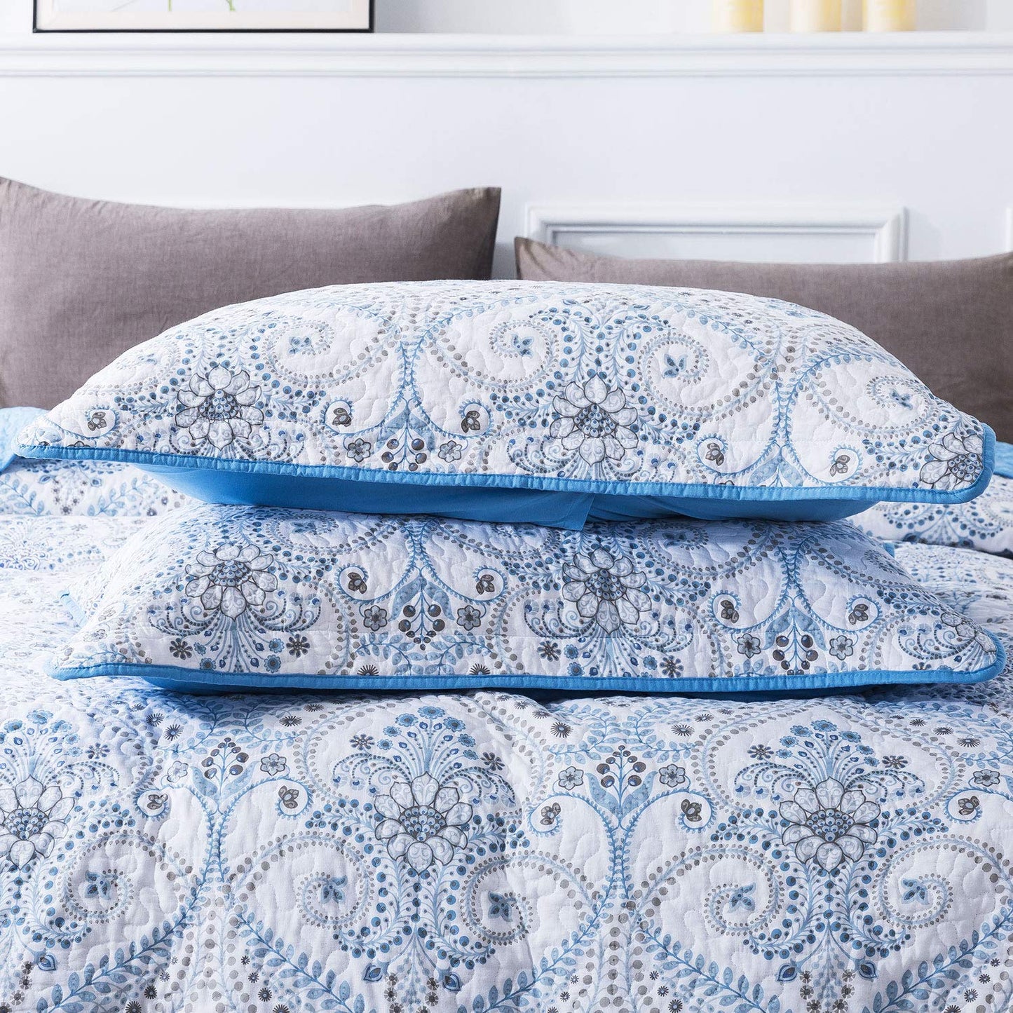NEWLAKE Cotton Bedspread Quilt Sets-Reversible Patchwork Coverlet Set, Blue Classic Royal Pattern, Queen Size