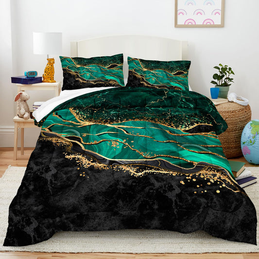 Queen Comforter Set Emerald Green, Marble Bedding Comforter Set, Metallic Foil Print Black Gold Bedding Dark Green Abstract Modern Comforter Set