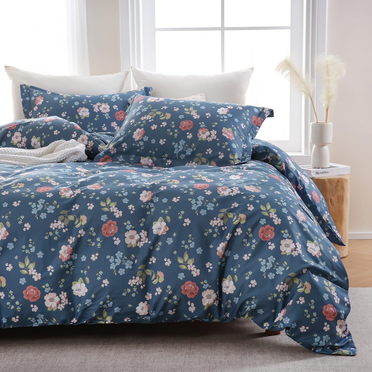 Ocharo Spring Floral 100% Cotton Duvet Cover King Size for Girls,Botanical Flowers Reversible Comforter Cover with Zipper Closure,3 Pieces Soft & Breathable Navy Pink Bedding Set for All Seasons