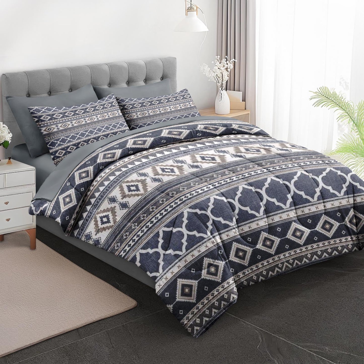 Boewywh Comforter Set Twin Size Boho Aztec Geometric 7 Pcs, Bedding for Kids and Adults, Southwestern Grey Bed Sheet Sets with Fitted Sheet 2 Pillowcases & 2 Shams for Bedroom Bed Decor