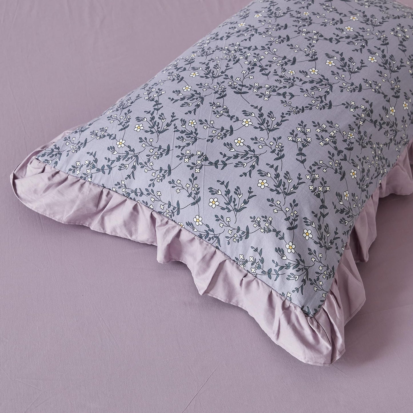 YuHeGuoJi Purple Ruffle Duvet Cover Queen 100% Cotton Cute Floral Duvet Cover 3 Pcs Set 1 Decorative Romantic Botanical Duvet Cover with Zipper Ties 2 Pillow Shams Lilac Purple Flower Bedding