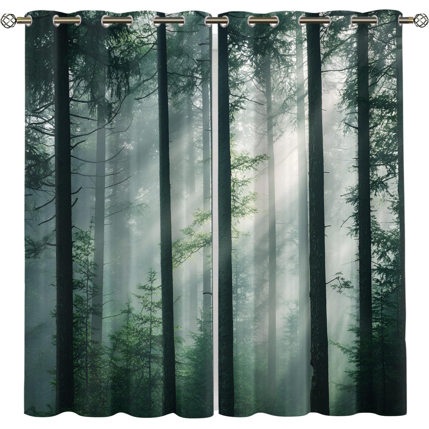 XAFIAUR Misty Forest Blackout Curtains, Green Forest Curtains for Living Room, Natural Landscape Black Out Bedroom Curtain Thermal Insulated Grommet Drapes 2 Panels, for Boys Room 26" W x 63" L x2