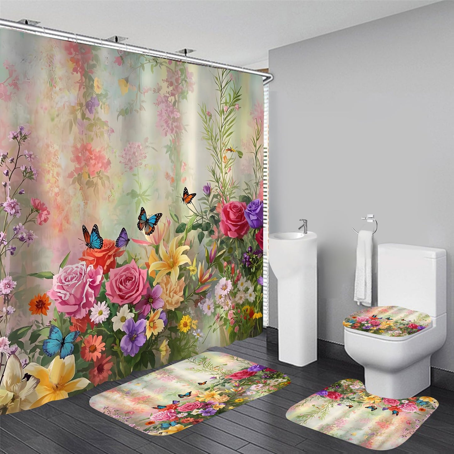 DDQQ 4-Piece Butterfly Floral Shower Curtain Set Botanical Aesthetic Flower Bathroom Set with Shower Curtain and Rugs, Cute Fun Decorative Bath Curtain with Hooks for Home Decor