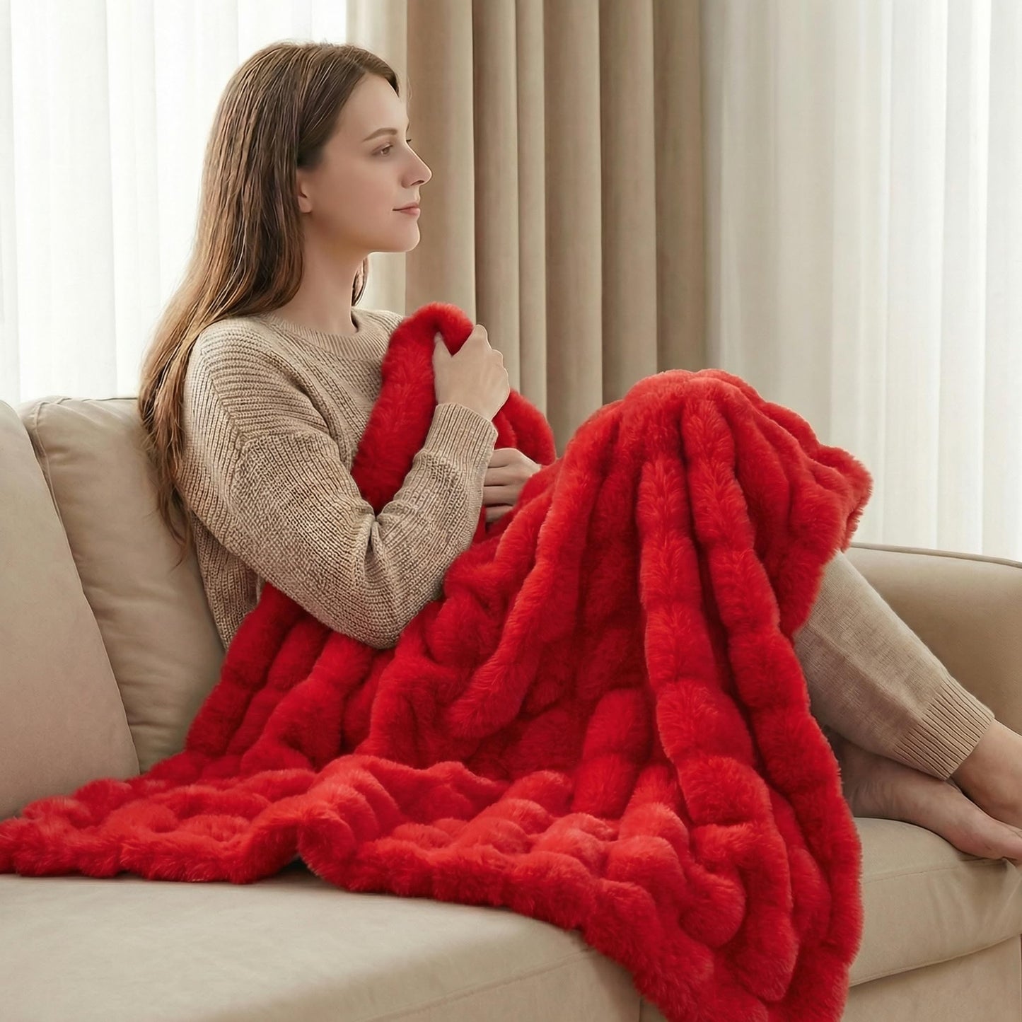 Leximan Cozy Faux Fur Throw Blanket for Couch, Reversible Plush Fluffy Decorative Bubble Throw for Sofa and Living Room, Soft Lap Blanket for Bed, Dog & Cat (Red, 40''x50'')