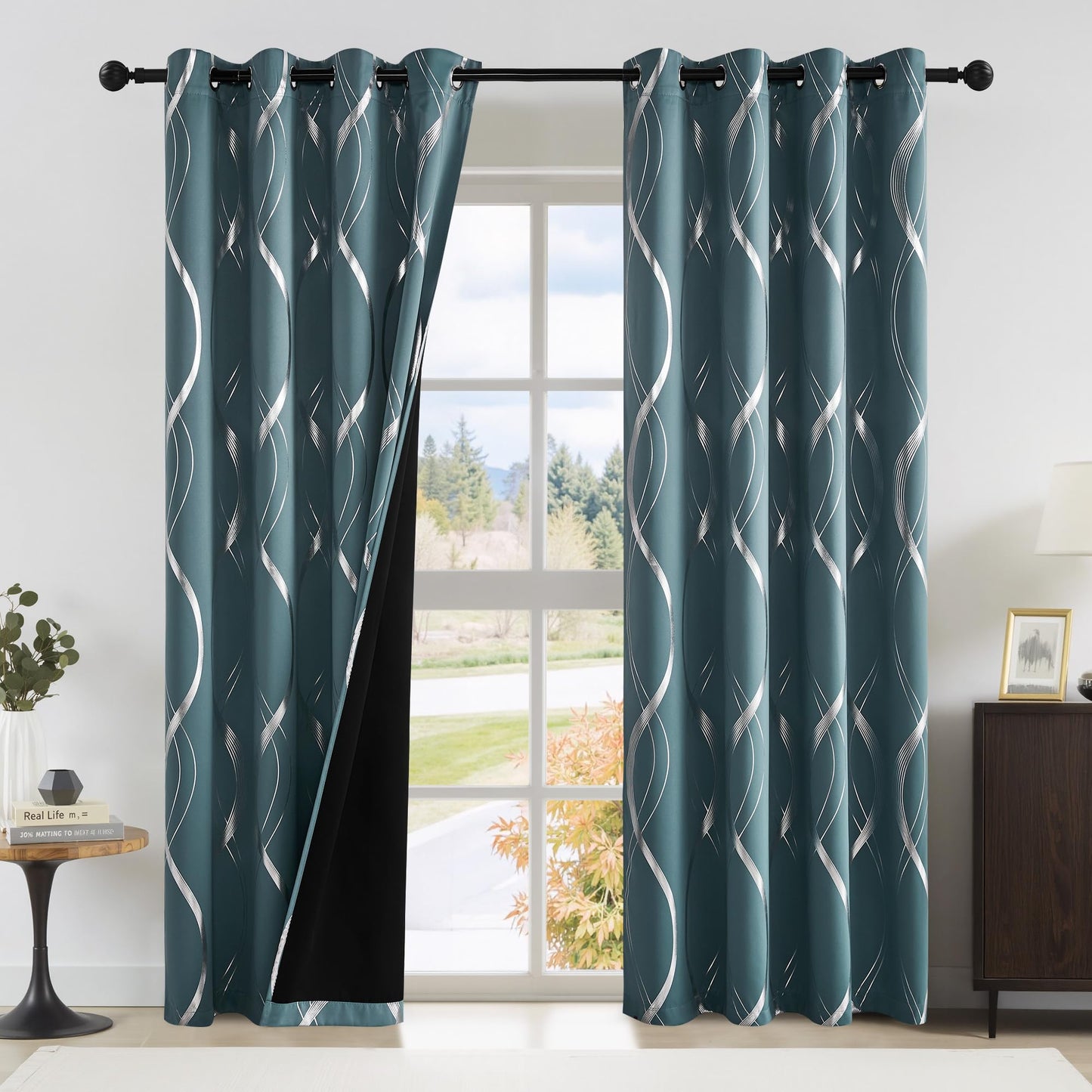 NICETOWN 100% Blackout Curtains Panels for Living Room, Greyish Blue, 52" Wide x 84" Long, 2 Panels, Sound Reducing Thermal Insulated Wave Line Foil Print Design Curtains for Patio Sliding Glass Door