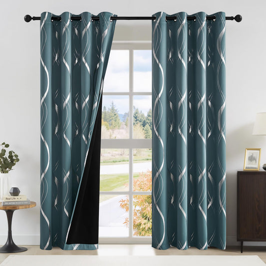 NICETOWN 100% Blackout Curtains Panels for Living Room, Greyish Blue, 52" Wide x 84" Long, 2 Panels, Sound Reducing Thermal Insulated Wave Line Foil Print Design Curtains for Patio Sliding Glass Door