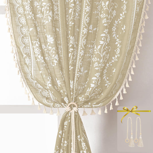Yinhua Boho Curtains for Living Room 84 Inch Length Vintage Linen Natural Curtains for Bedroom Light Filtering Floral Window Curtain Rod Pocket & Back Tabs Farmhouse Rustic Tassel Drapes with Tiebacks