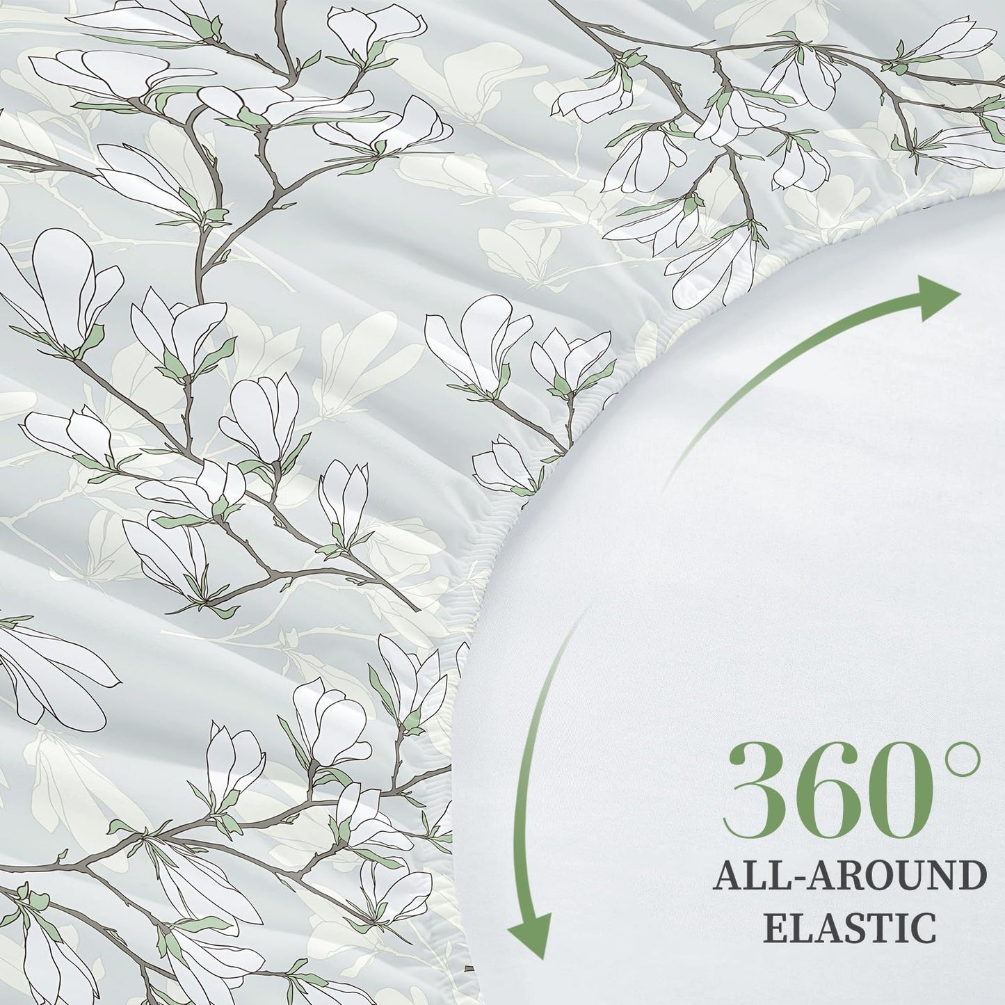 HCORA Floral Fitted Sheet with Pillow Cases, 100% Brushed Microfibre Deep Pocket Fitted Bottom Sheet, Ultra Soft, Shrinkage and Fade Resistant, Full Size