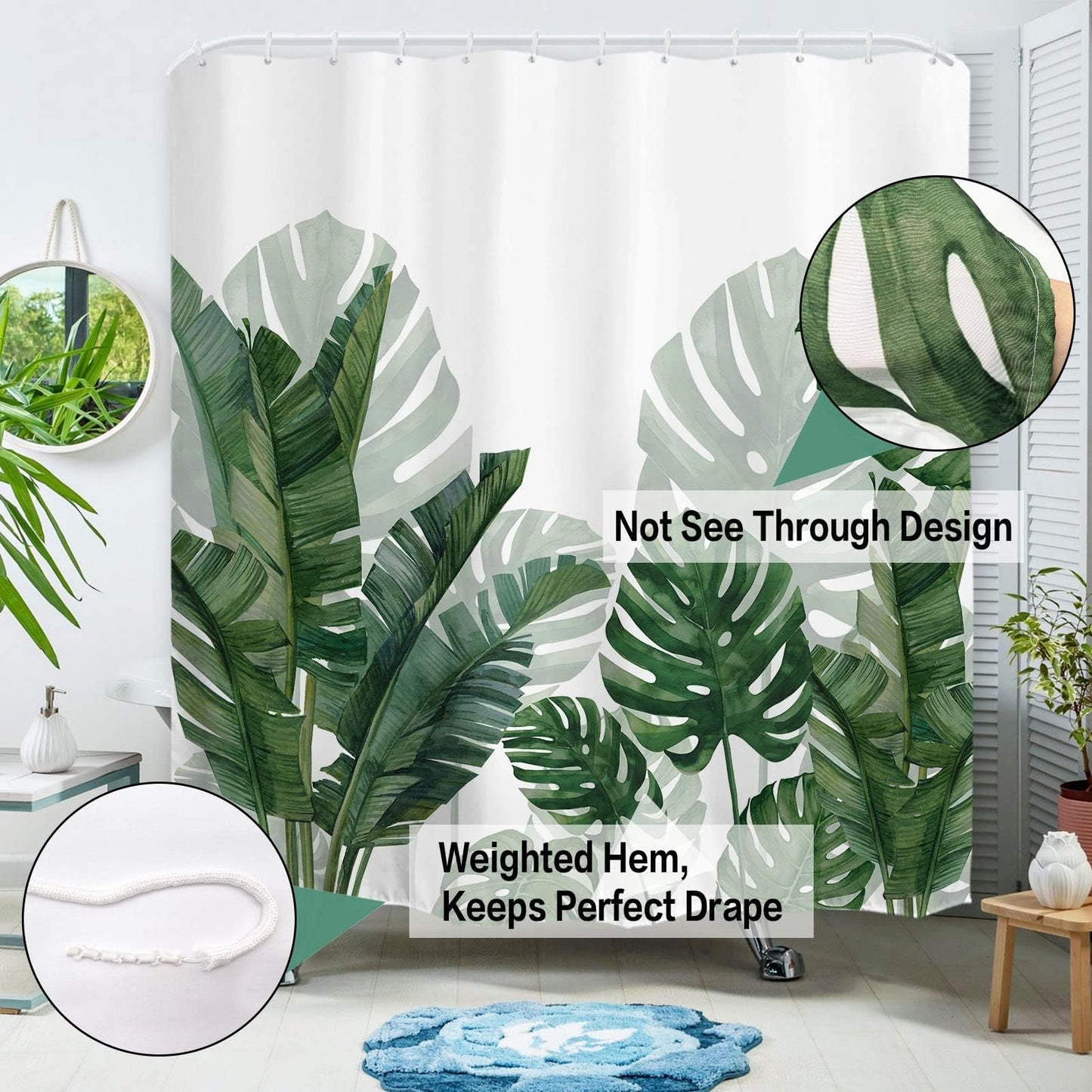 Baccessor Tropical Green Plant Shower Curtain Waterproof Washable Fabric Summer Bathroom Decor Botanical Banana Monstera Leaf Palm Tree Shower Curtain with Hooks 72 W x72 H Inch