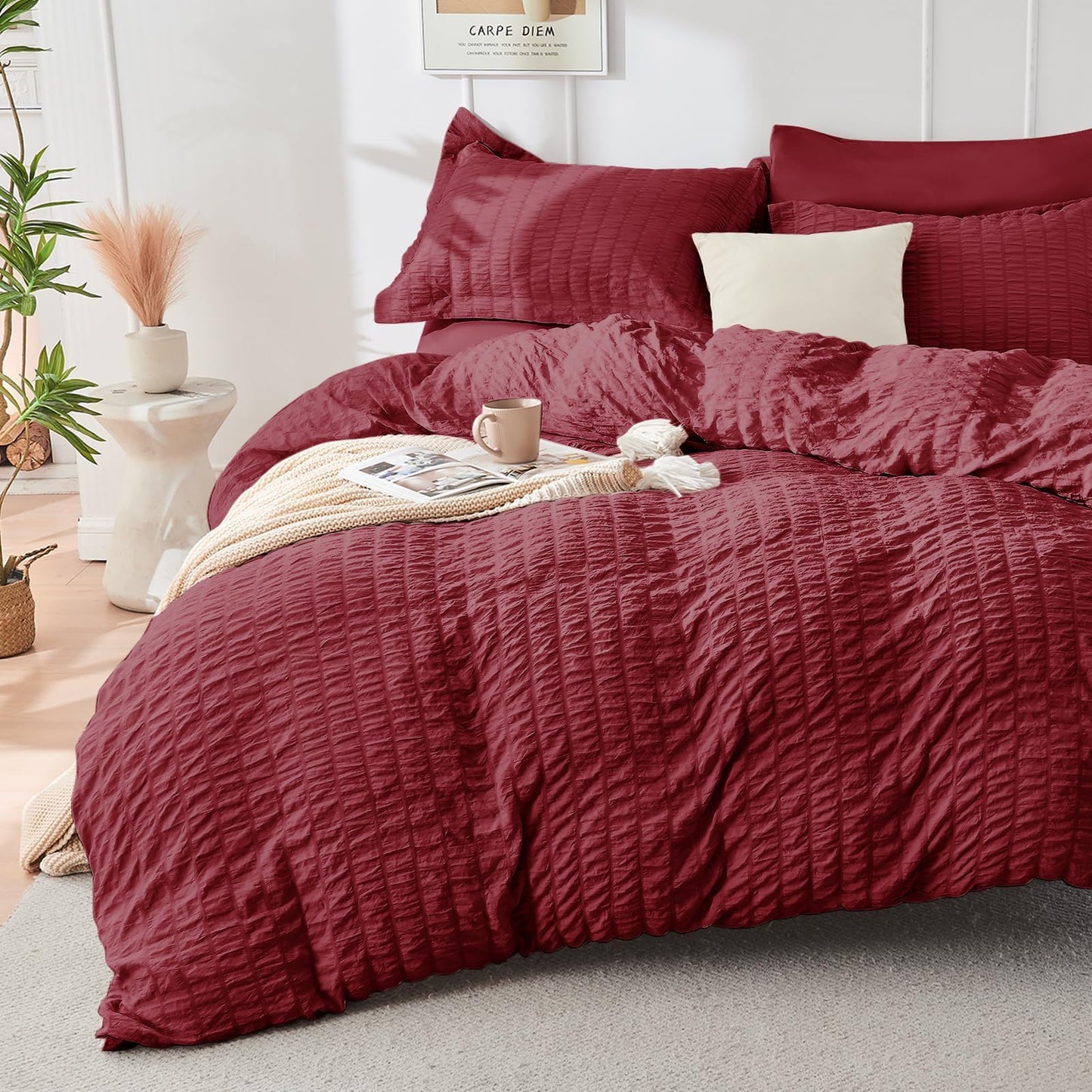 HYMOKEGE Burgundy Oversized Queen Comforter Set Seersucker 7 Pieces, All Season Luxury Bed in a Bag for Bedroom, Bedding Set with Comforter, Sheets, Pillowcases & Shams