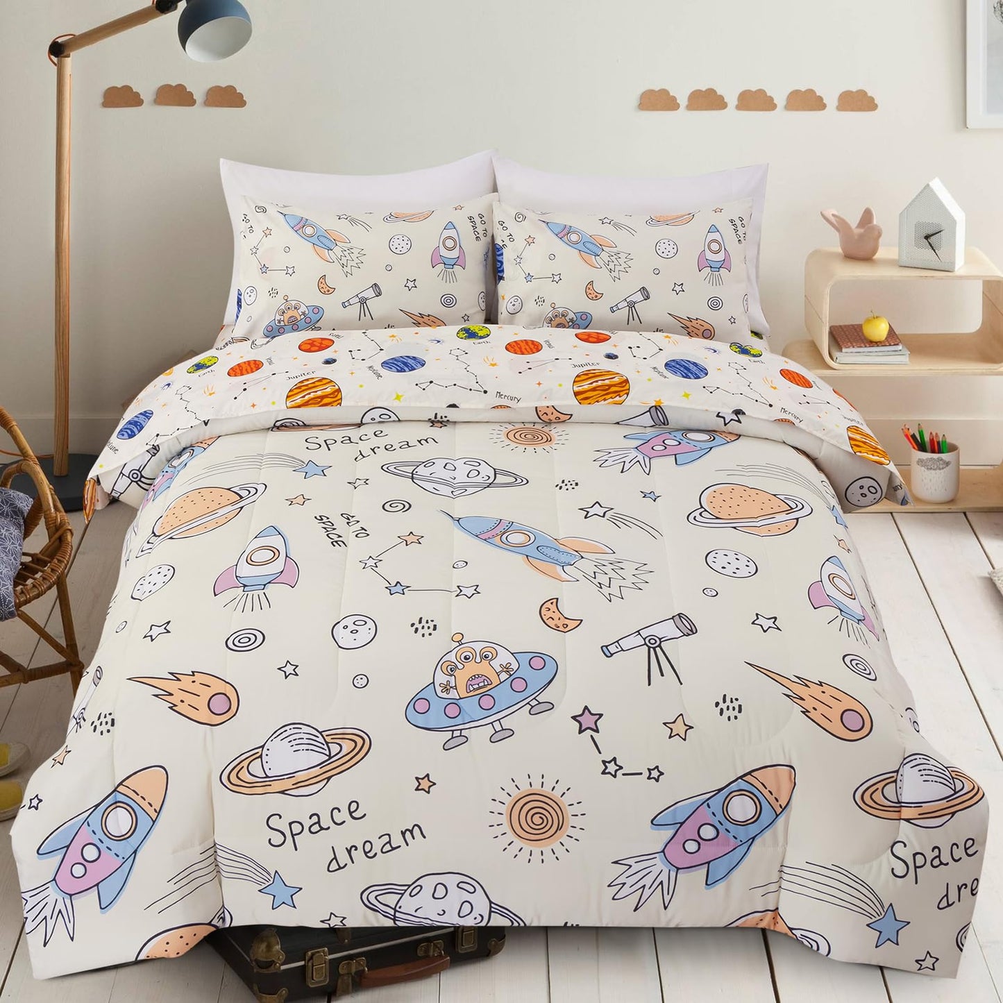 Aimuan Space Comforter Twin Set Kids Rocket Bedding Set Super Soft & Cute Aliens UFO Printed for Boys Girls Teen (Cream, Full 5Pcs)