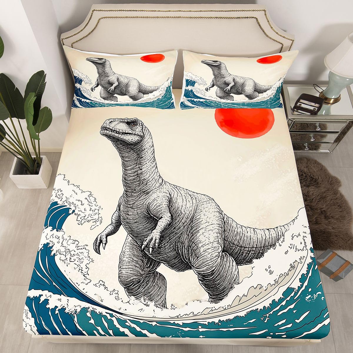 Feelyou Dinosaur Monster Bedding Sheets Full Japanese Ukiyoe Theme Bed Sheet Set for Adult Kids Cool Animal Fitted Sheet Asian Anime Bed Cover 3Pcs,1 Fitted Sheet+2 Pillow Sham（No Flat Sheet）