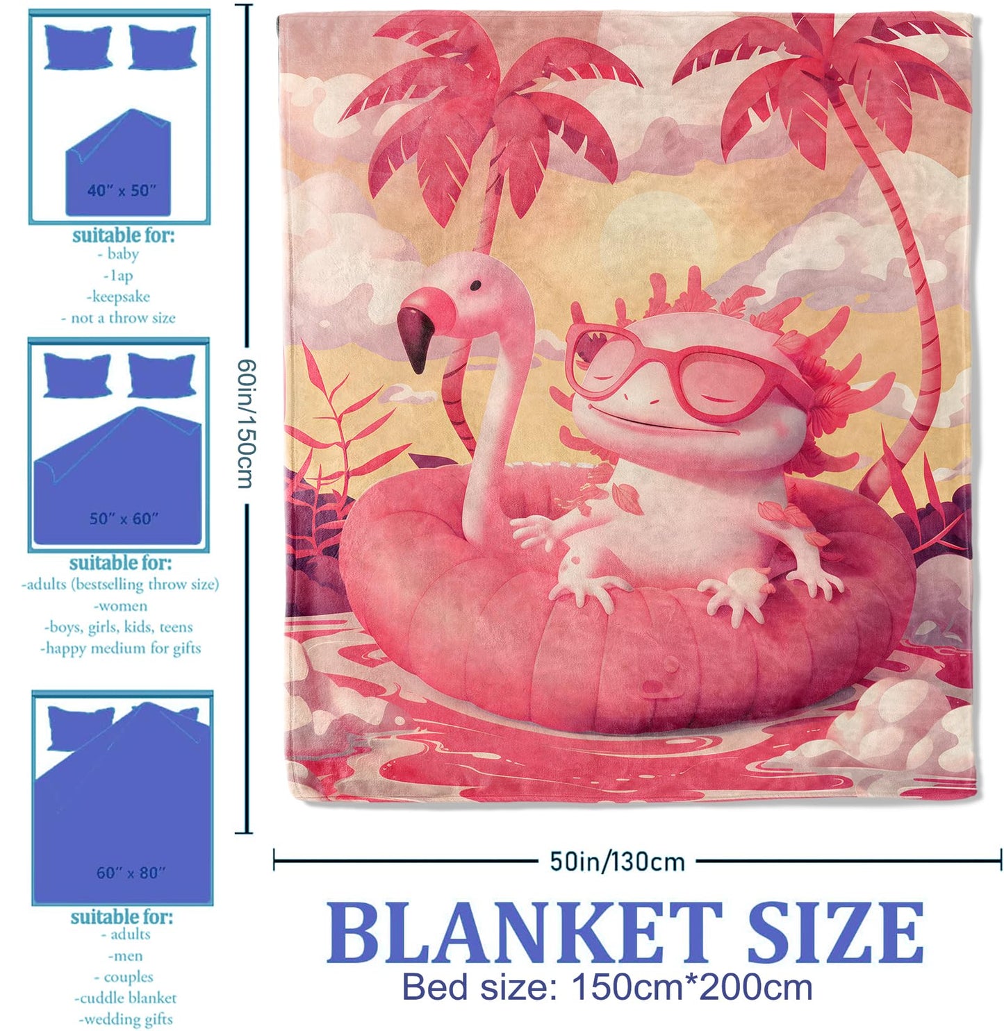 Plistiz Flamingo Axolotl Throw Blanket 50x60 Inch, Fun Blankets for Kids Room Decor, Soft Flannel Polyester Gift for Children