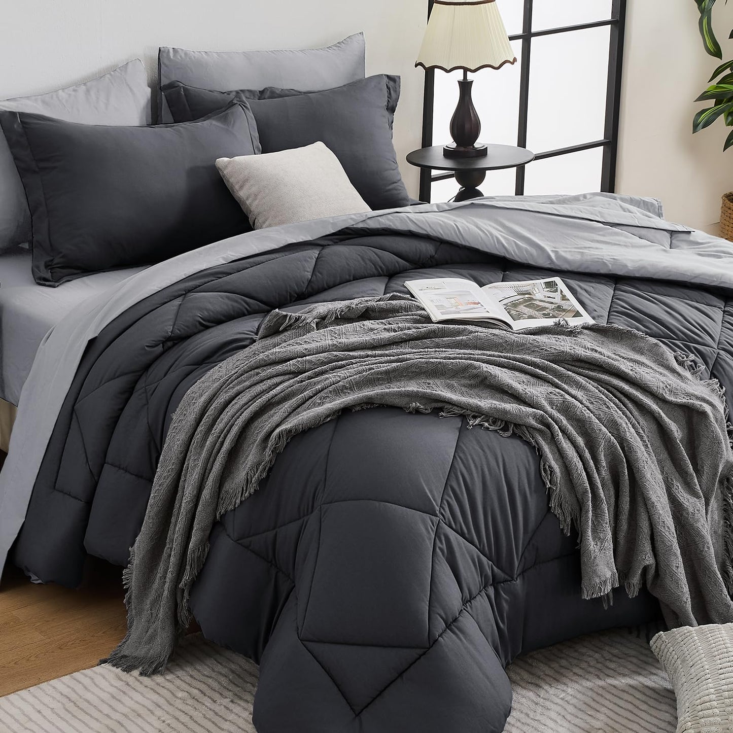 HEVUMYI Queen Comforter Set - 7-Piece All Season Bed in a Bag Queen, Ultra Soft Bedding Set with Comforter, Flat Sheet, Fitted Sheet, Pillowcases, Pillow Shams, Dark Grey & Light Grey