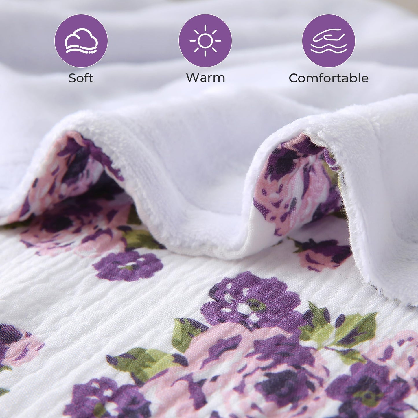 Muslin Blankets for Adults Reversible Throw Fleece & Gauze, Soft Cozy Lightweight Breathable Floral Blanket for Bed Couch, Double Layer Muslin Purple Rose Throw Cover 90"x90"
