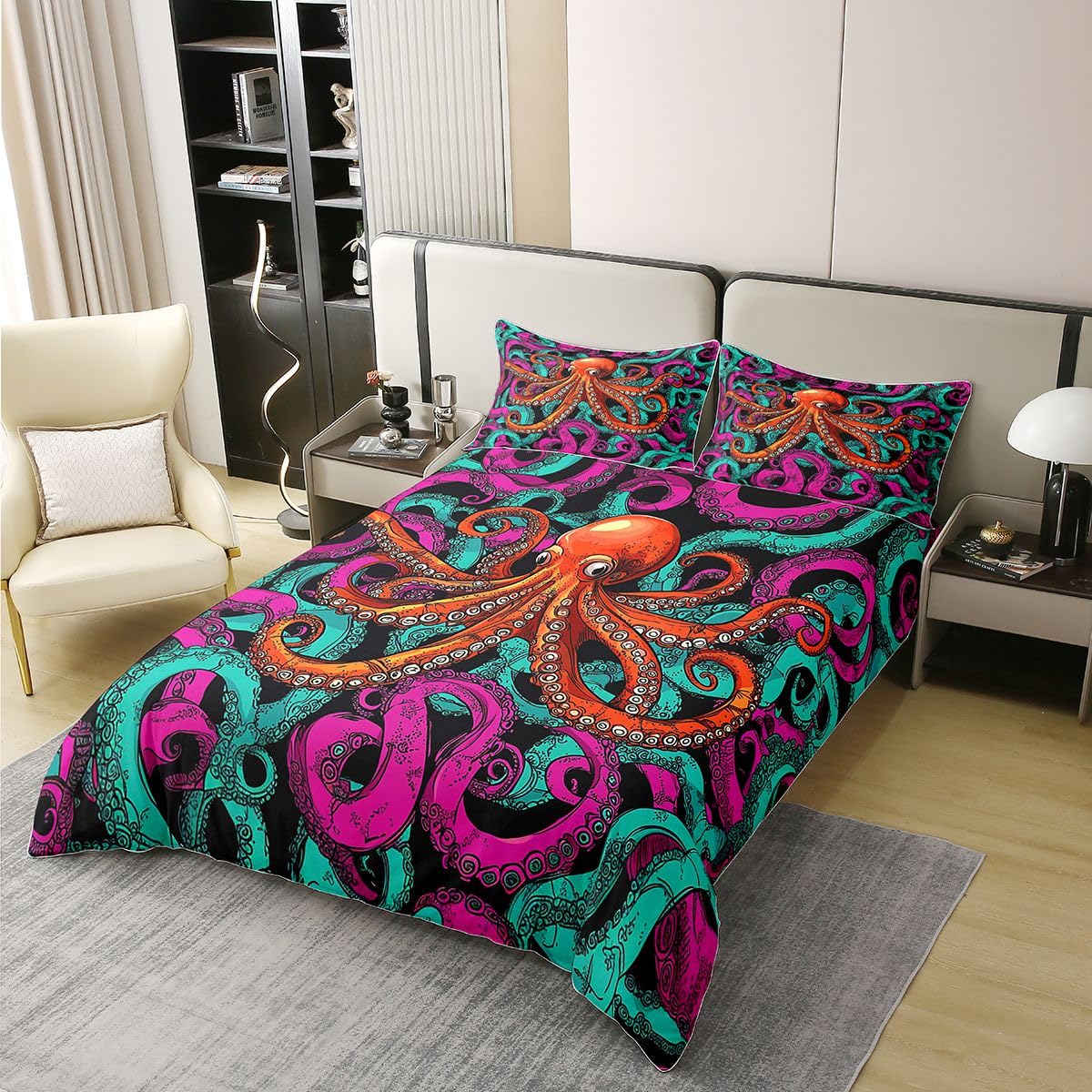 Erosebridal Octopus 100% Cotton Duvet Cover Twin Size Sea Life Bedding Set Ocean Animal Comforter Cover for Kids Teens Adult Reptile Bedspread Cover Underwater World Oasis Quilt Cover, Red