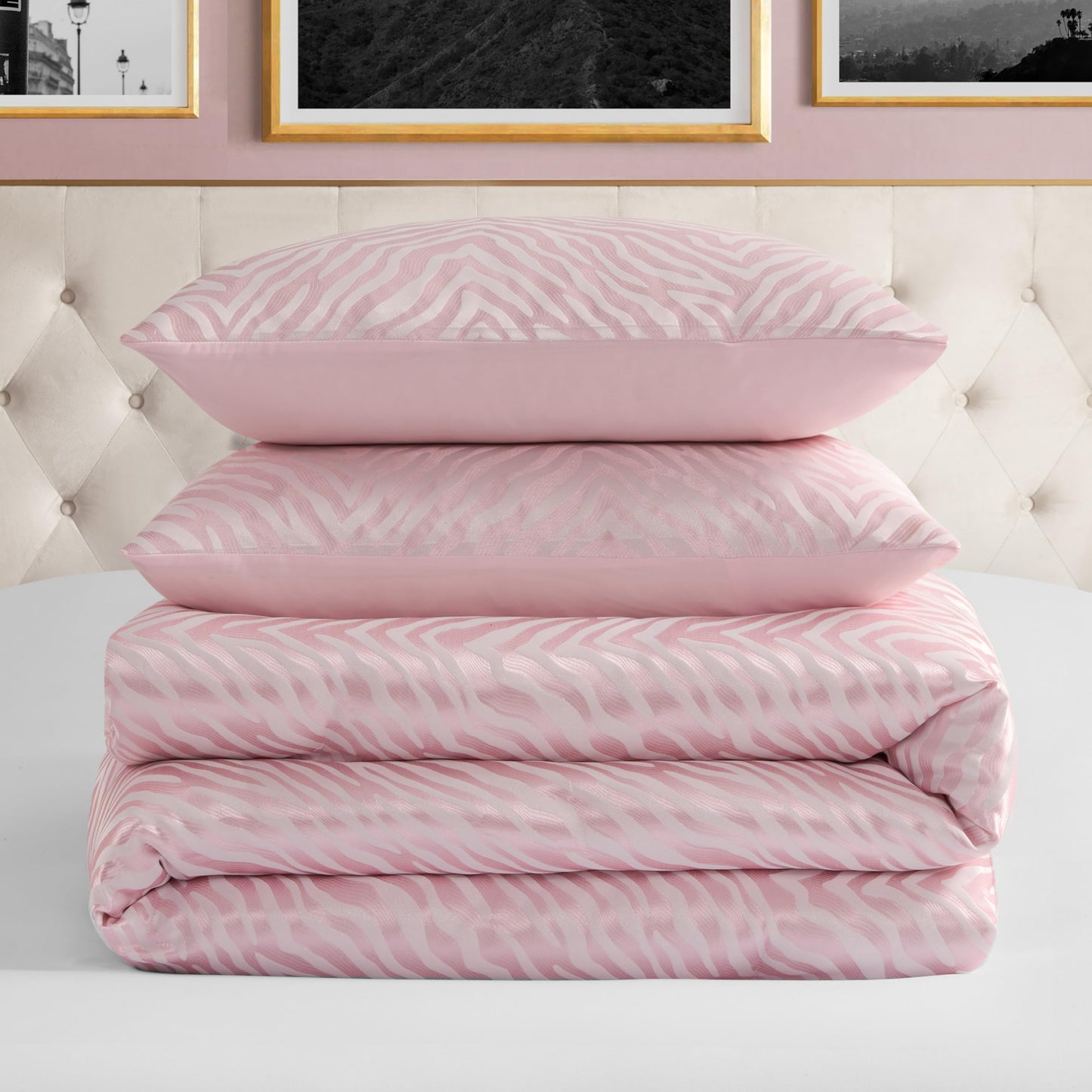 Juicy Couture Pink Marshmallow Sparkle Zebra Jacquard King Comforter Set - 3 Piece Stylish Bedding Ensemble