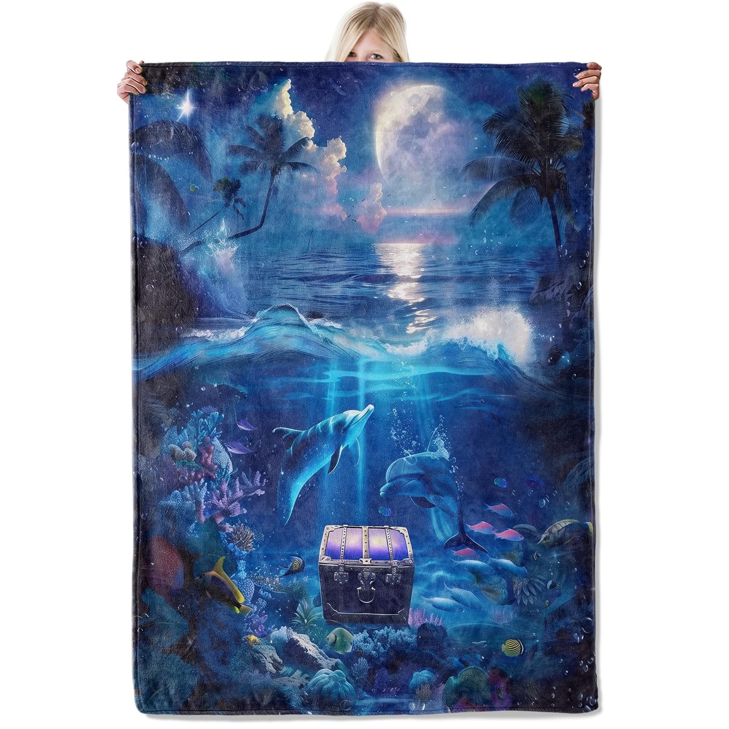 ICAAV Dolphin Ocean Blanket 50×60 Inch,Magical Moonlight Sea Lightweight Flannel Throw with Coral Reef, Treasure Chest and Marine Life, Fantasy Decor,Gifts for Kids, Teens,Dreamers