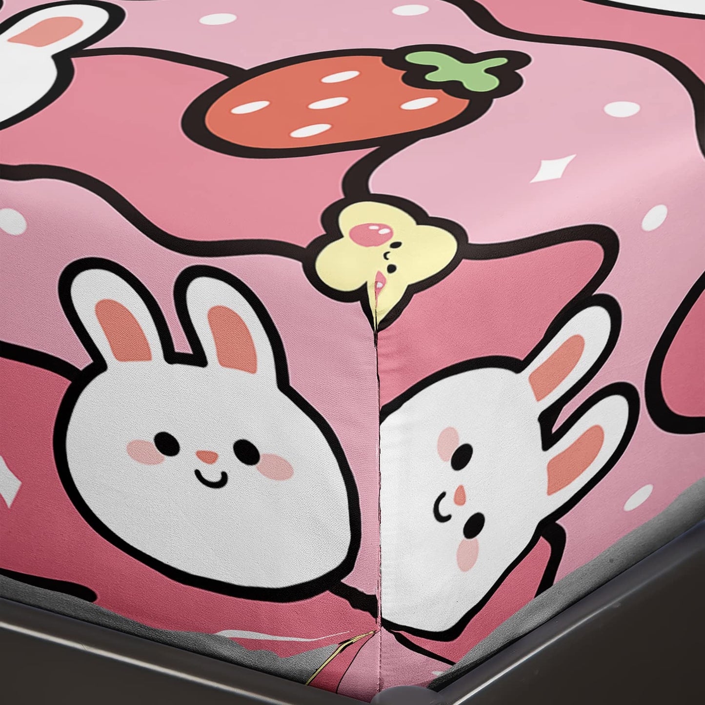 QOOMO Kawaii Rabbit Kids Sheets Twin Size,Kawaii Bunny 16" Deep Pocket Bed Sheet Set,Pink Strawberry Printed Bedroom Decor Sheet Set Soft and Breathable for Girls/Kids/Teens(Twin,Pink)
