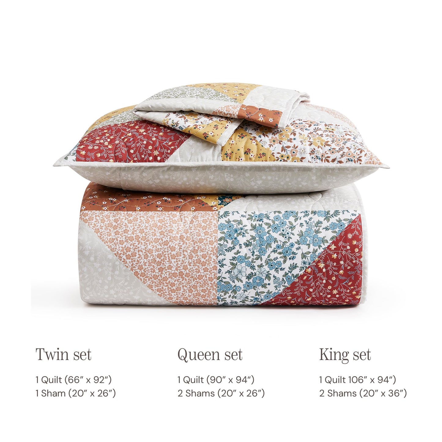 BLOOMHAVEN Quilt Set Queen Size, Patchwork Burnt Orange Floral Quilt Sets, Reversible Bedspread Lightweight and Breathable for All Seasons, Soft Quilted Bedspread with 2 Pillow Shams