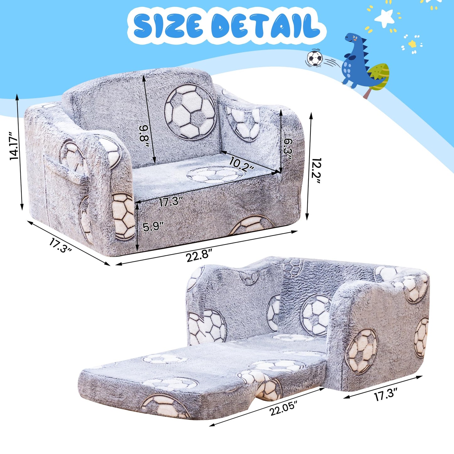 Lamerge 2-in-1 Toddler Couch,Glow in The Dark Baby Floor Bed,Foldable Toddler Chair Kids Sofa for playroom,Convertible Sofa to Lounger for Girls and Boys (Grey and Football)