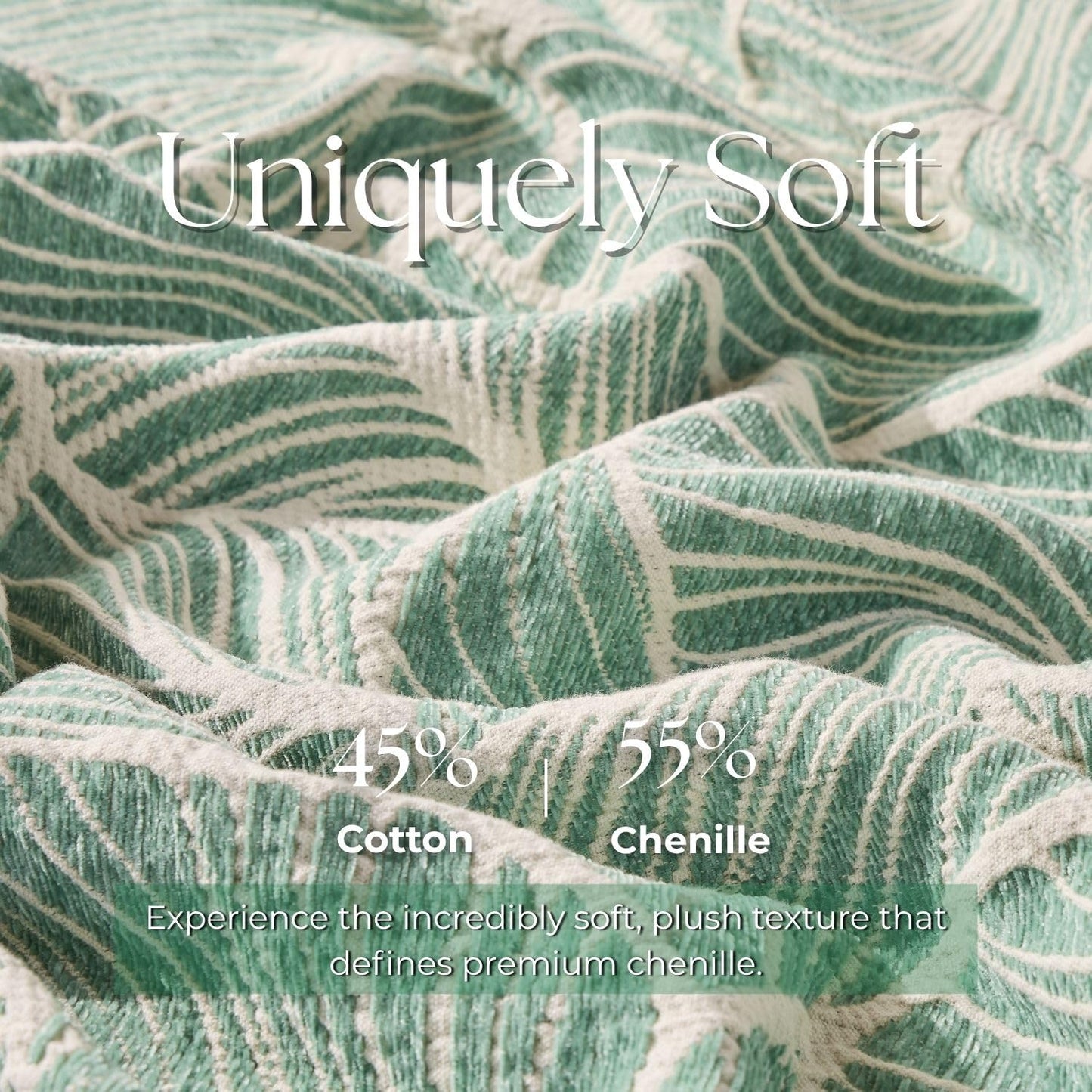 DOWN HOME Chenille Cotton Throw Blanket for Couch, Lightweight Boho Blanket for Bed Sofa Chair Living Room Outdoor Soft Woven Decorative Blanket with Tassel Gift Green Leaves 55"x60"