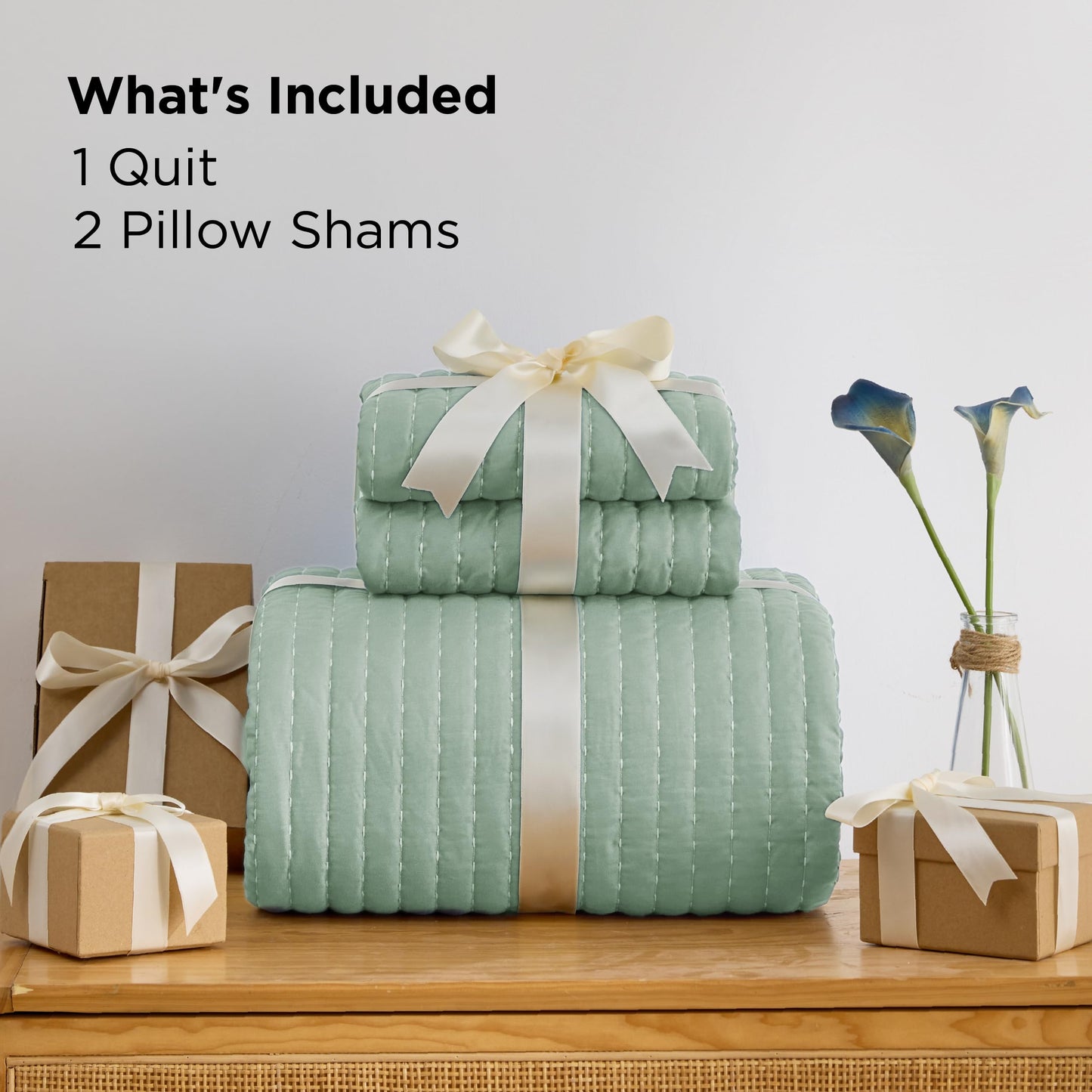 Bedsure Green Quilts Queen Size - Queen Quilt Bedding Set Bedspread Coverlet, Lightweight Neutral Striped Bedding, 3-Piece Set with 90"x96" Coverlet & 2 Pillow Shams, All-Season Soft Microfiber