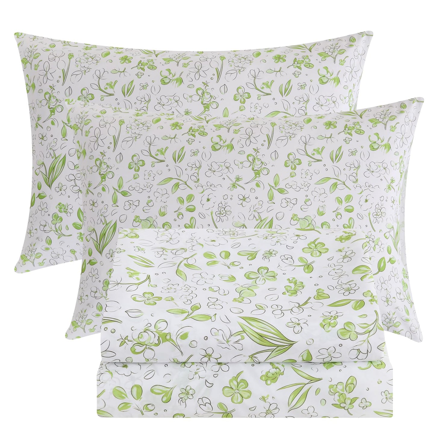 Bedlifes Queen Sheet Set Ultra Soft, Breathable, Silky Flower Deep Pocket 100% Microfiber Bedding, 4 Piece Queen Size Green Floral