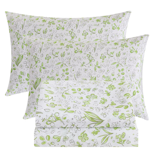 Bedlifes Queen Sheet Set Ultra Soft, Breathable, Silky Flower Deep Pocket 100% Microfiber Bedding, 4 Piece Queen Size Green Floral