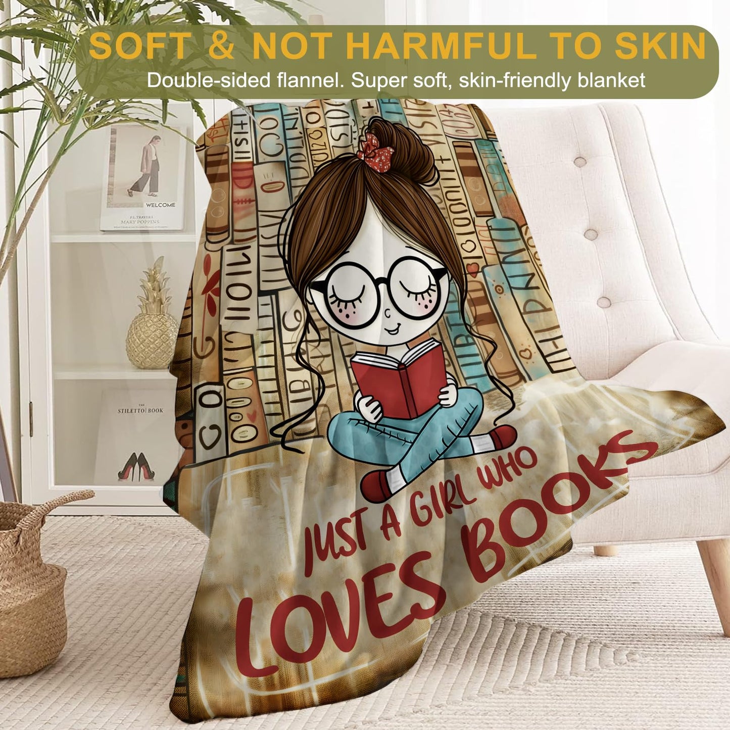 ainori Just a Girl Who Loves Books Flannel Blanket - Lightweight Soft Cozy Unique Gifts Blankets for Reader Lovers,Kids,Adult,Women, Cute Reading Nook Style Throw,Home Room Modern Decor 50x60in