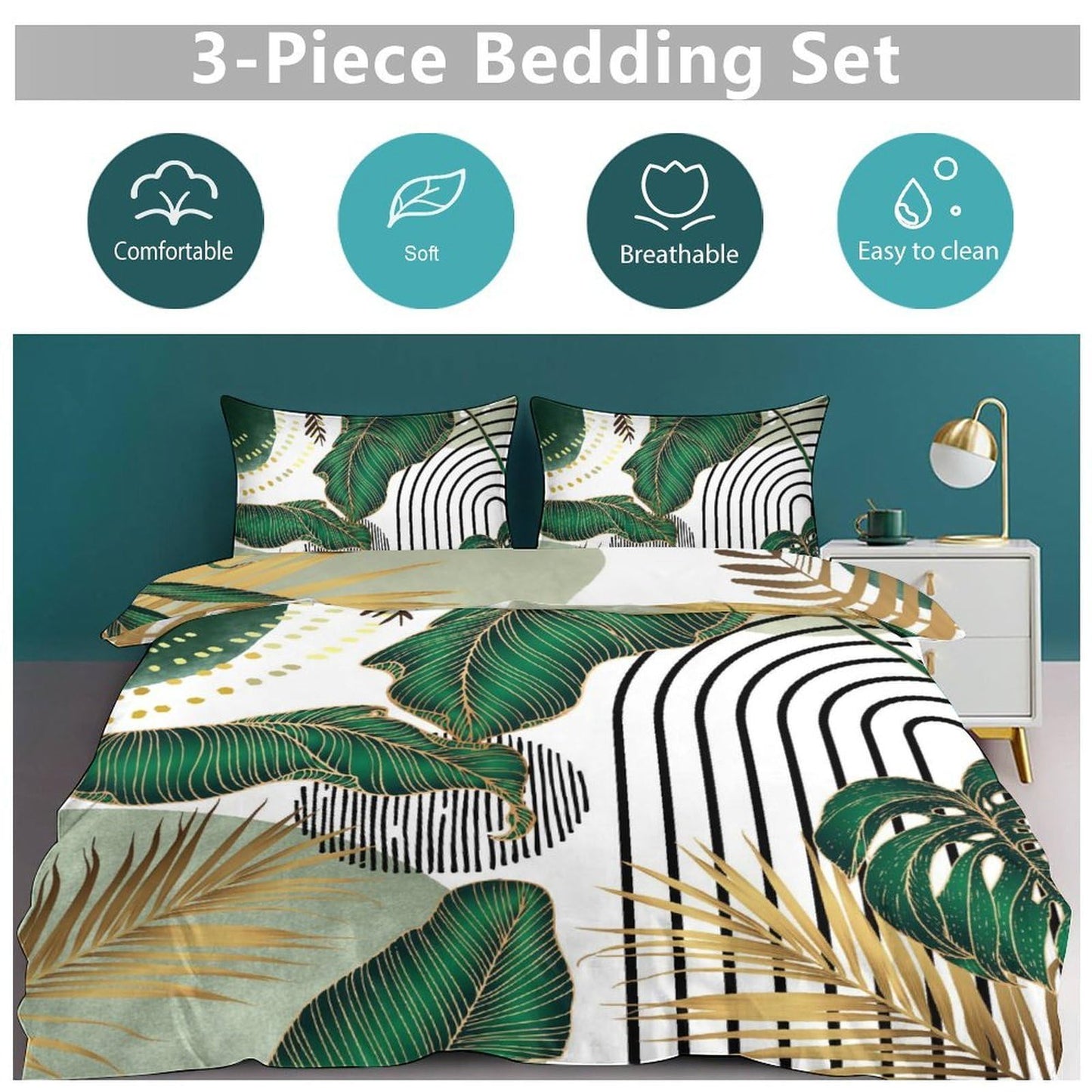 Lnepty Boho Bedding Set,Modern Abstract Tropical Monstera Palm Leaf Plant Minimalist Spring Summer Bohemian Mid Century Comforter Set with Pillowcase for Bedroom Bed Decor，Twin 86"x70"