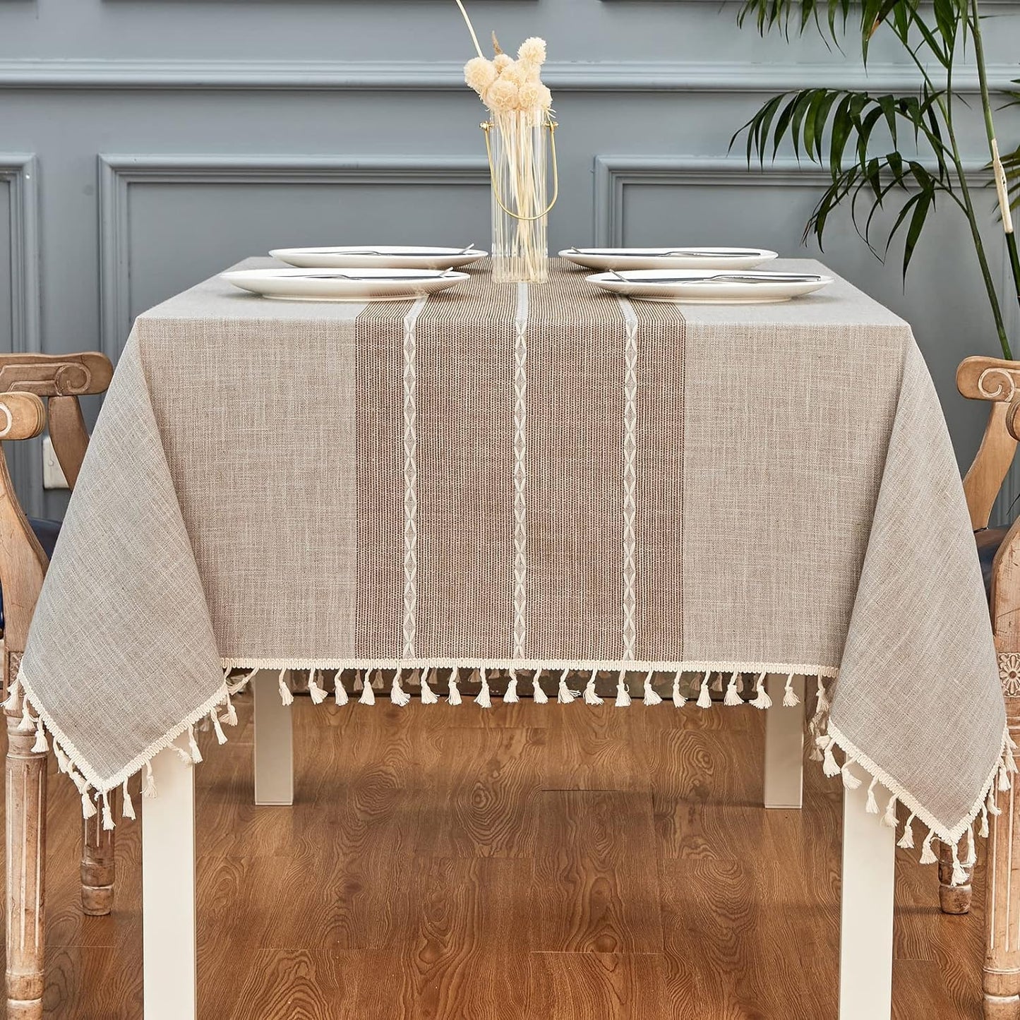 FMIYJUN Rectangle Cotton Tablecloths Linen Waterproof Tablecloth Burlap Embroidered Fabric Table Cloths for Kitchen Dining Party Wedding Tables Coffee Lines 55 x 70 Inch