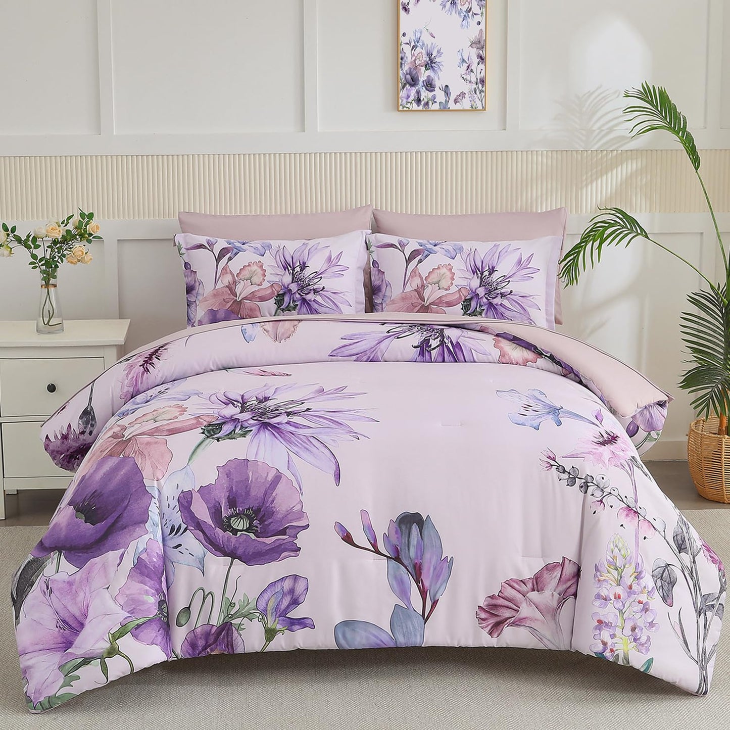 Yogeneg Queen Comforter Set 7 Piece Bed in a Bag,Elegant Floral Botanical Pattern Purple Bedding Set,Soft Microfiber Comforter with Sheet Set,All Season Bed Set(Purple Floral,Queen)