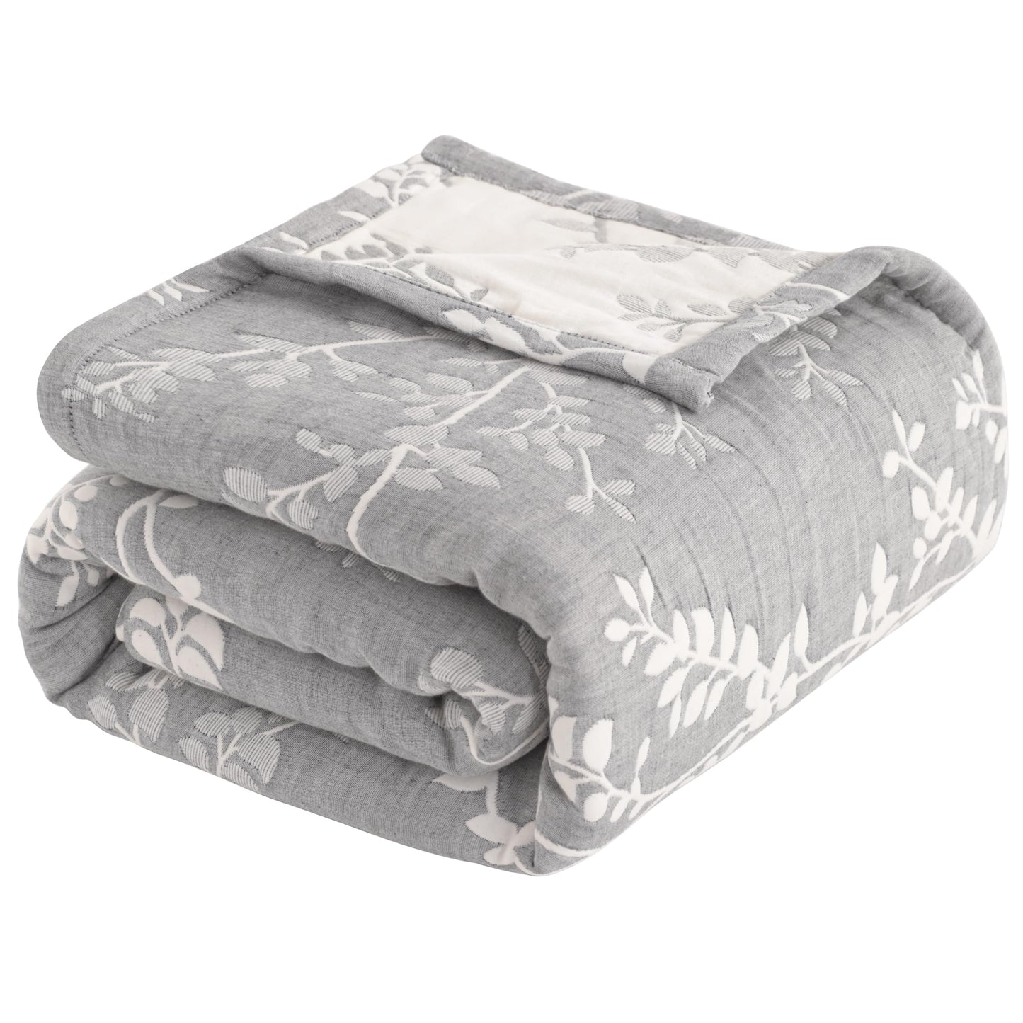 NTBAY 3 Layers Cotton Muslin 106x92 King Bed Blanket, Super Soft Breathable Thermal Yarn Dyed Quilt for Adults, Perfect Lightweight Blanket for Couch Sofa Bed All Seasons, Grey Tree