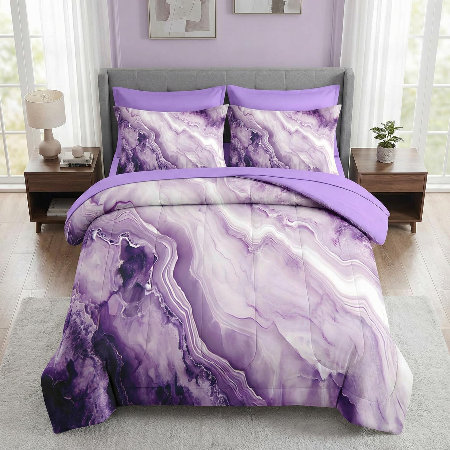 Pamnest Comforter Set Queen Size, Purple Marble Black Gold 7 Pcs Bedding Set for Kids and Adults, Painting Pink Bed Sheet Sets with Fitted Sheet 2 Pillowcase & 2 Sham for Bedroom Bed Decor