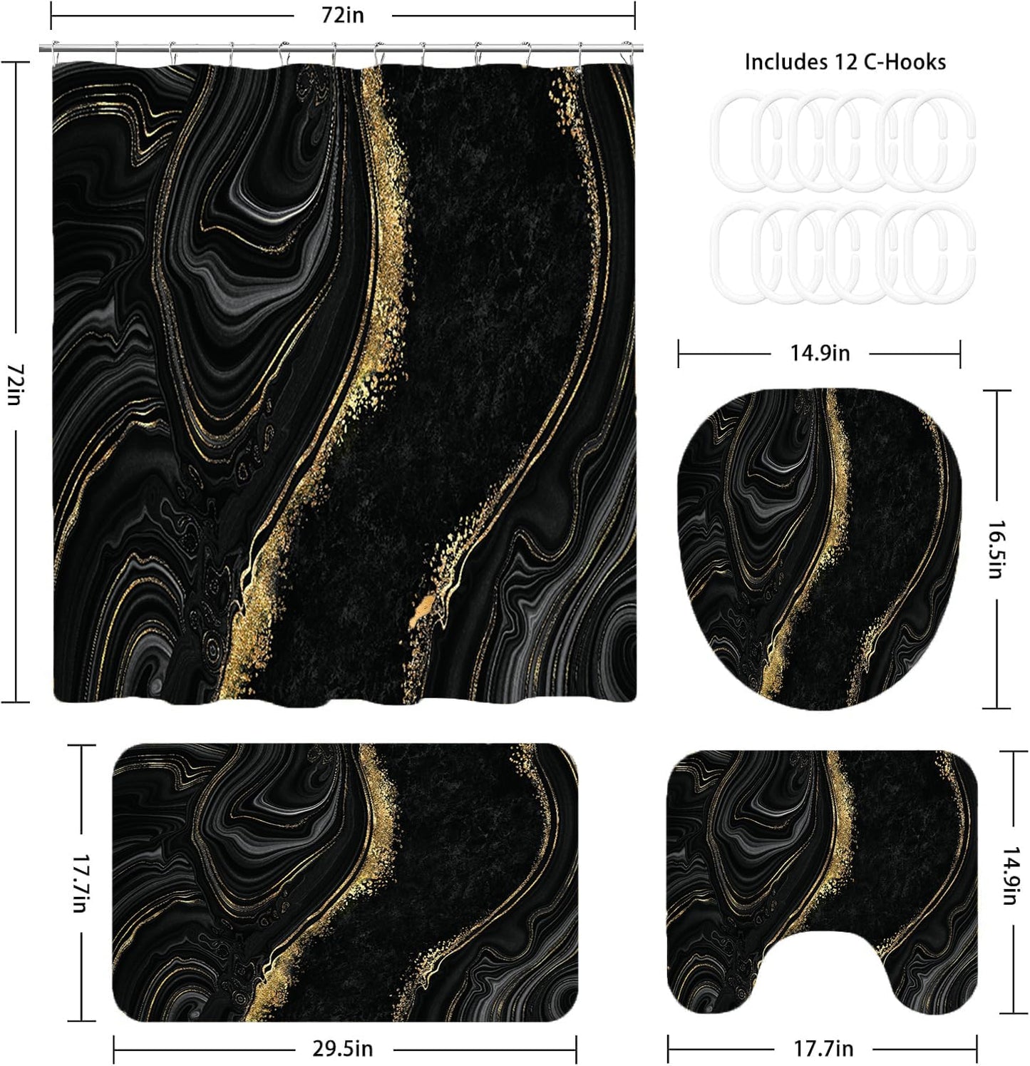 NBVKO 4Pcs Black Gold Marble Shower Curtain Sets with Rugs Bathroom Sets with Shower Curtain and Rugs Modern Abstract Bathroom Decor Accessories Shower Curtains for Bathroom Toilet Lid Cover