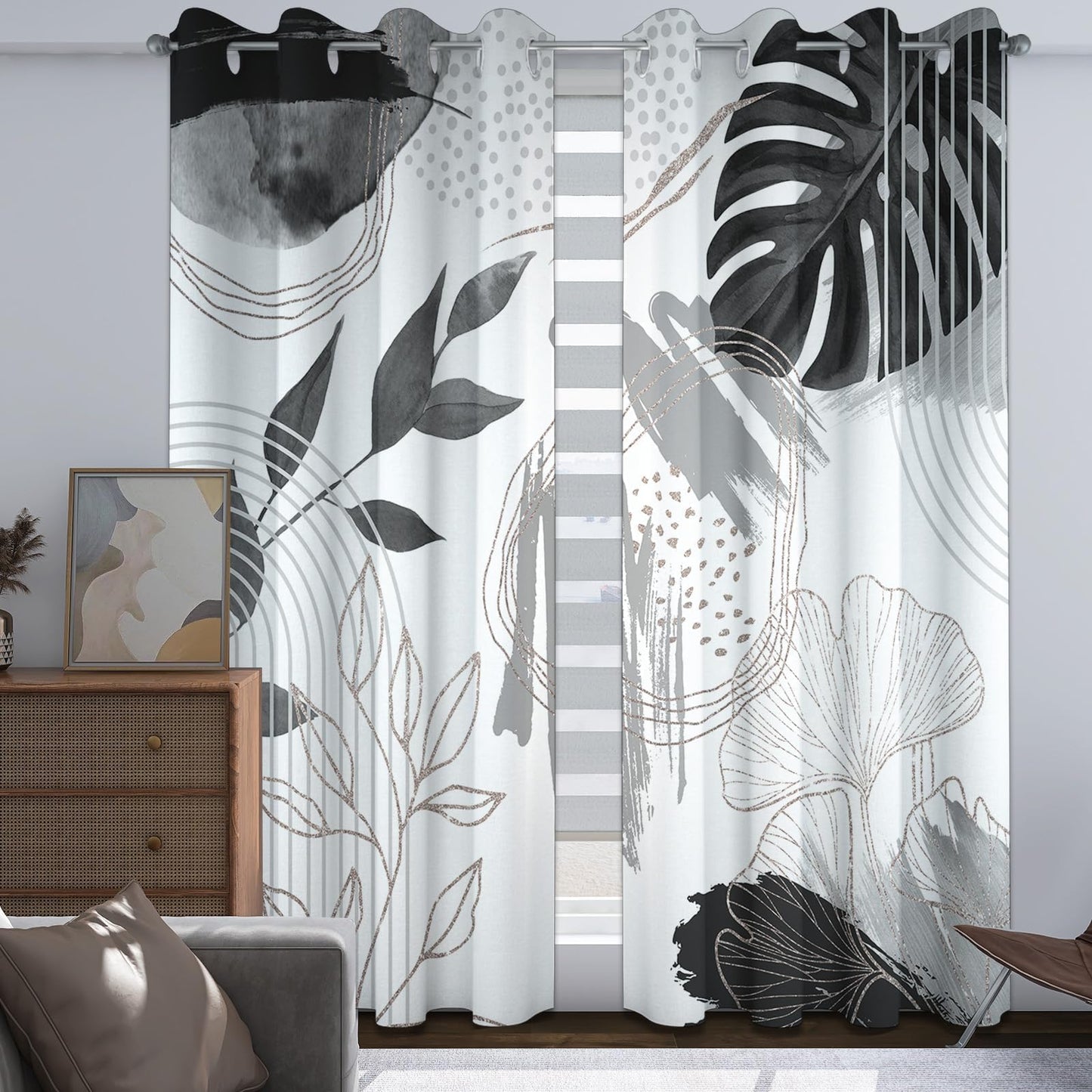 soeeao Boho Grey and White Leaf Blackout Curtains, Bohemian Mid Century Modern Black and Charcoal Gray Palm Window Drapes for Bedroom Living Room, 84 inch Length 2 Panels Set, 52x84 inch