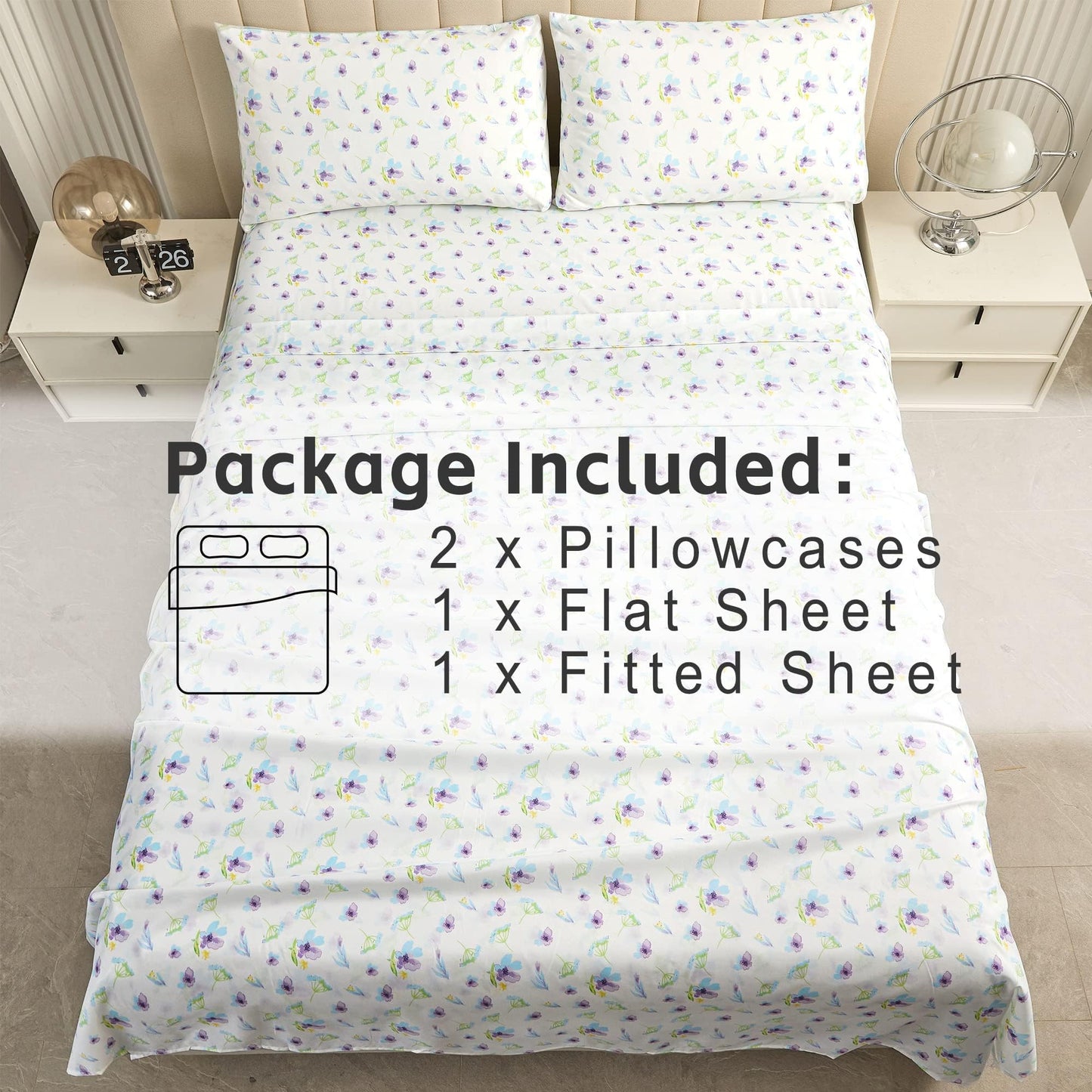 Softan Floral Queen Sheet Set Purple Flower Bed Sheets Queen Printed Sheets - 4 Piece Soft Microfiber Patterned Fitted Sheets with 15" Deep Pocket and Corner Straps, Cute Blue Flower Sheets