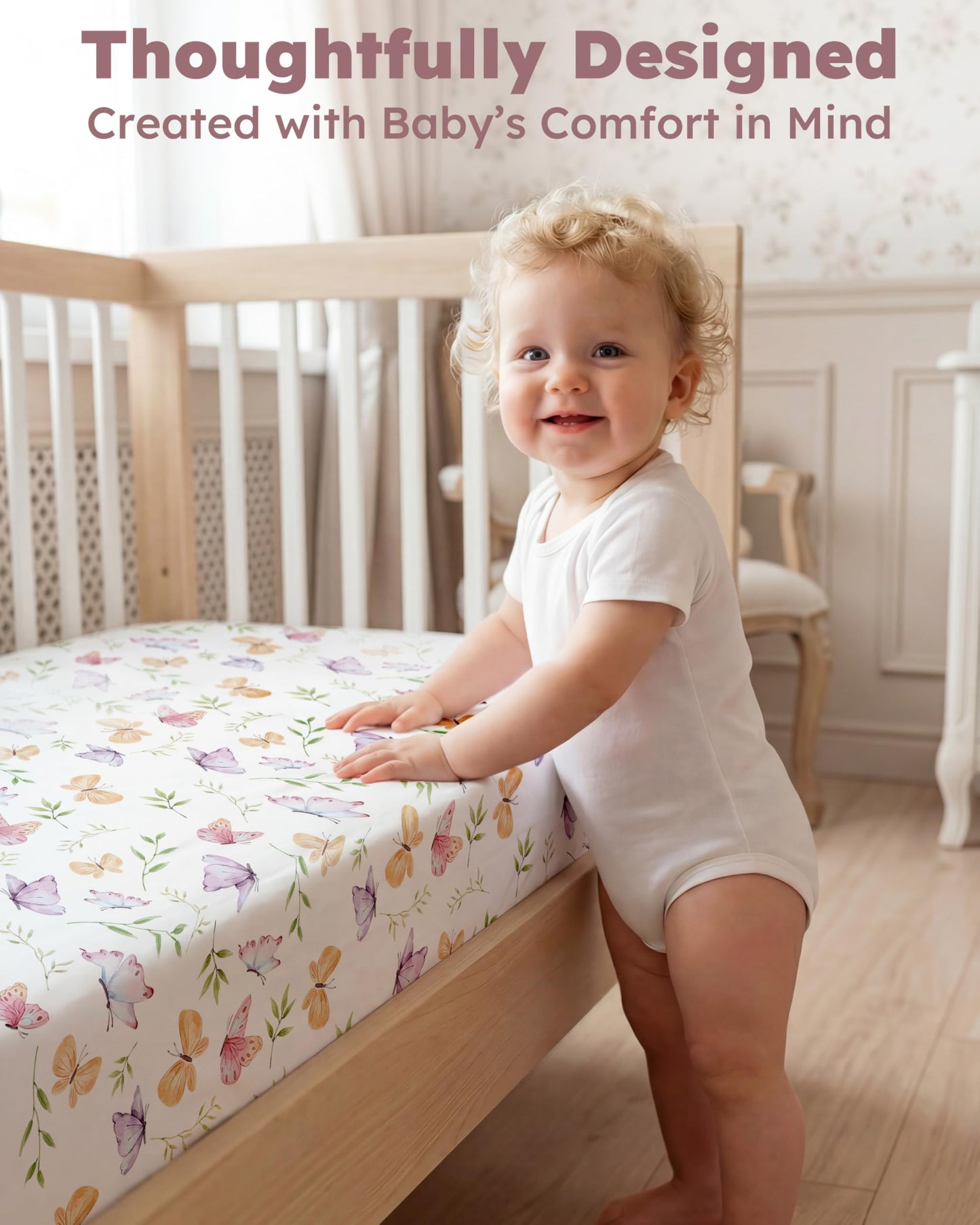 Nyessmee Baby Crib Sheets Girl, Fitted Crib Sheets 52" x 28", Soft Breathable Microfiber Sheets for Standard Crib and Toddler Mattress, 2-Pack Pink Butterfly