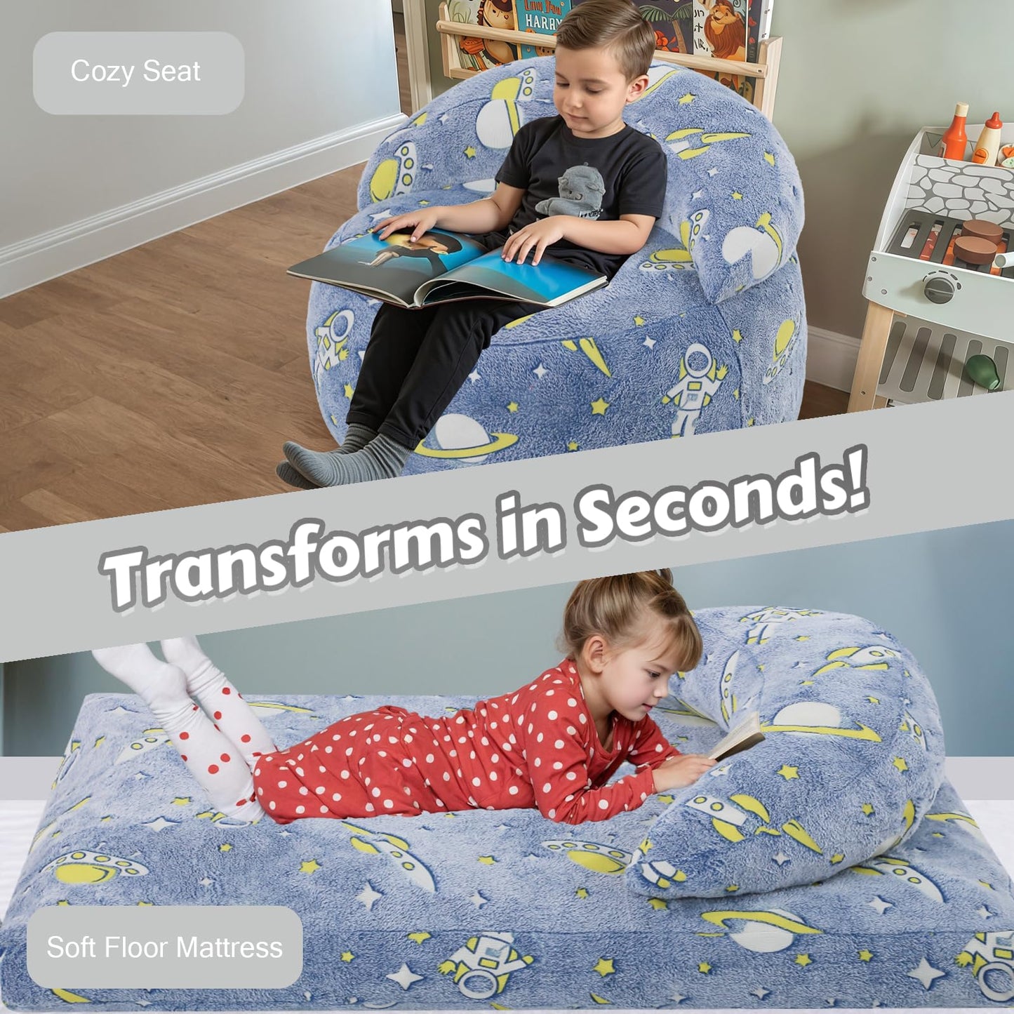 COMAX Bean Bag Chair for Kids, Dinosaur Convertible Toddler Beanbag Bed, Children Bean Chair Stuffed to Floor Mattress with Filler, Blue Universe