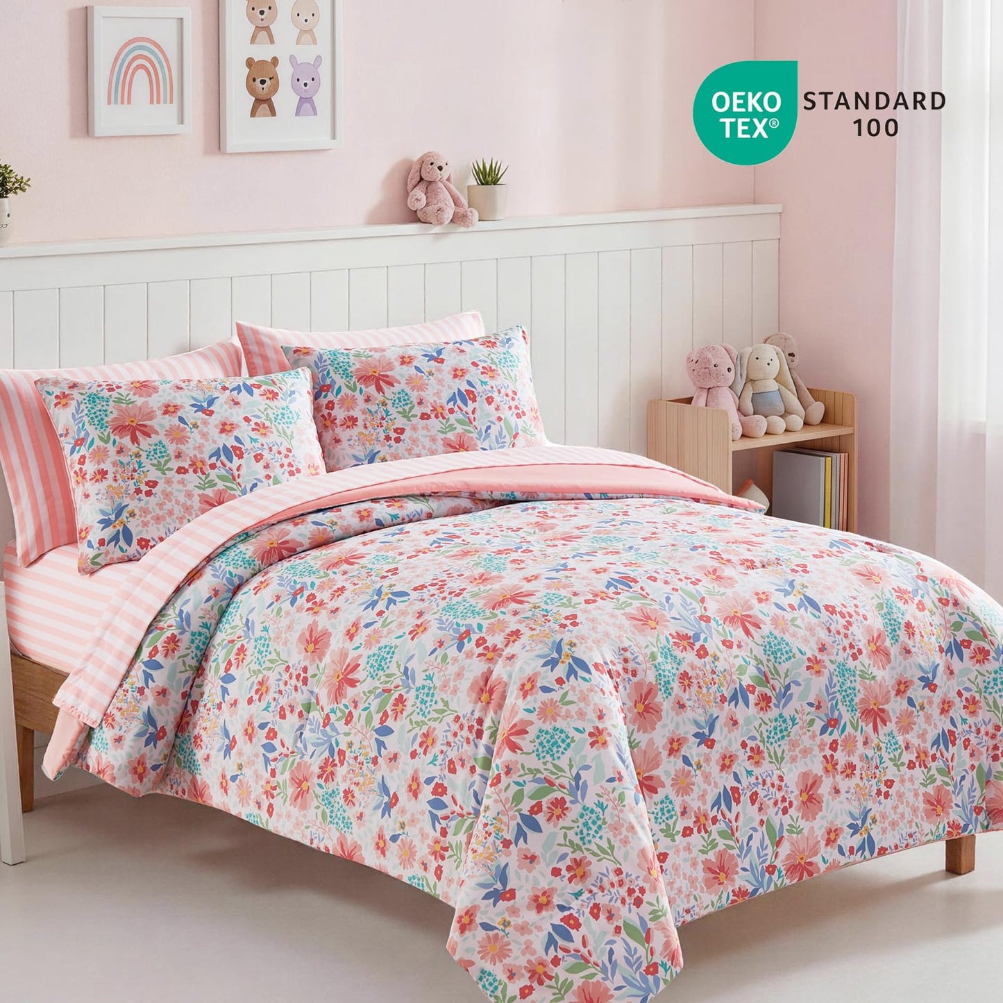 Kaleido Space Twin Comforter Set for Girls Kids - 5 Pieces Pink Flowers Patterns Twin Bedding Sets for Girls Teen, Soft Cozy Bed in a Bag with Sheets