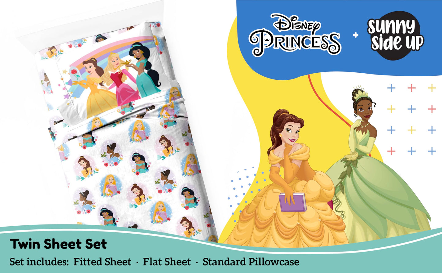 Sunny Side Up Disney Princess Twin Sheet Set - 3 Piece Kids Bedding Set Includes Pillow Cover – Super Soft Rainbow Microfiber Sheets Features Moana, Belle & Rapunzel