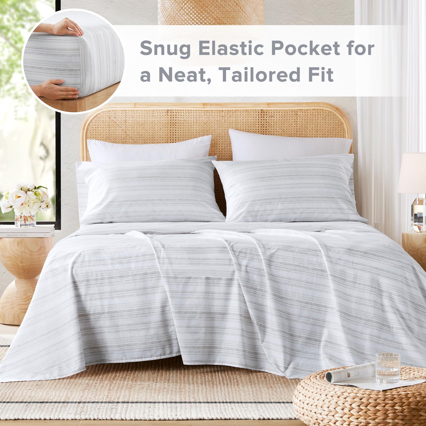 Comfort Spaces 100% Cotton Sheets Twin XL, Breathable, Naturally Cool Cotton Sheets, Cotton Bed Sheets with 12" Elastic Pocket Fits up to 14" Mattress, All Seasons Sheet Set, Good Vibes Grey 3 Piece