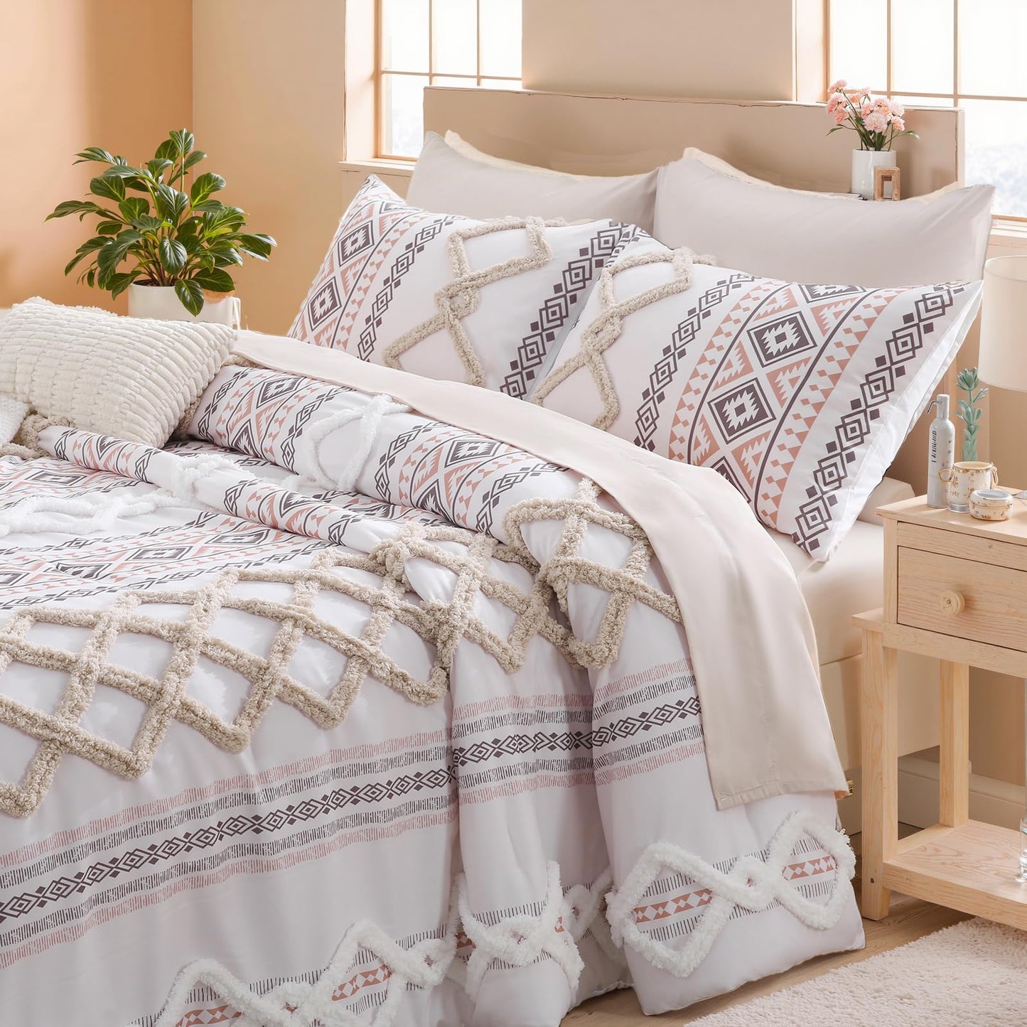 MOVE OVER Beige Tufted Comforter Set Queen Size 7 Pieces Farmhouse Bedding Set Boho Aztec Comforter Set and Sheet Set Mid Century Boho Tufted Comforter Set for All Seasons